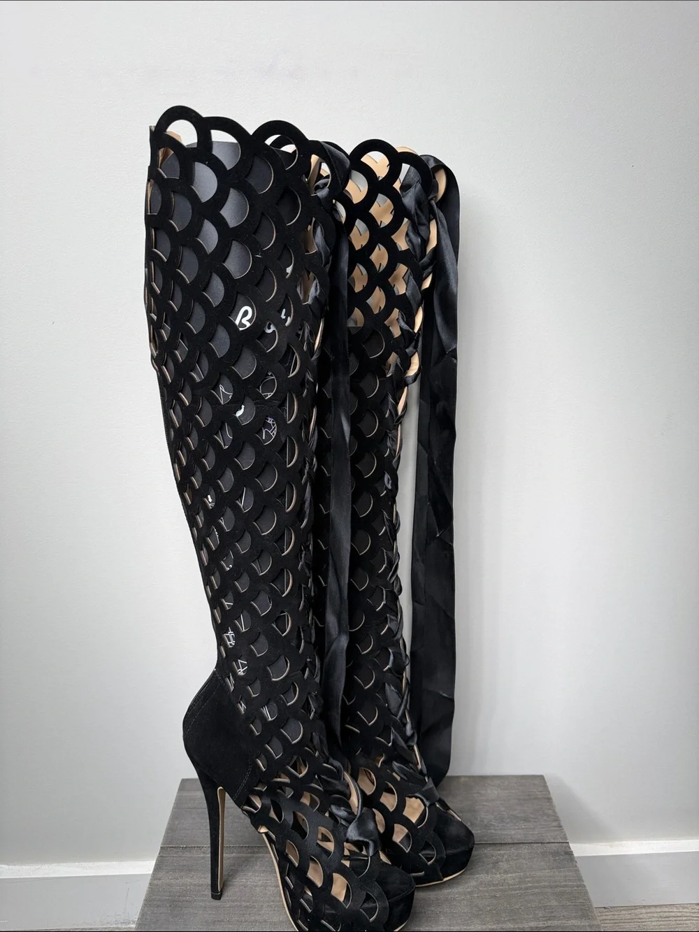 Black Laser-Cut Over-the-Knee Lace-Up Stiletto Boots